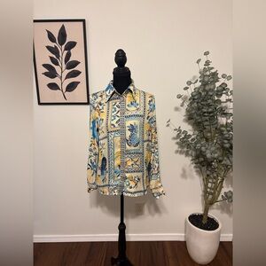 -SOLD-Rachel Zoe Blue & Yellow Tropical Print Button-Down Shirt